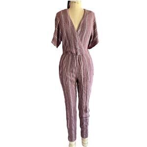 Vintage Womens Romper Small Mauve Stripes Straight Leg Resort Wear Tropical